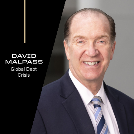 Headshot of David Malpass captioned: David Malpass presenting Global Debt Crisis
