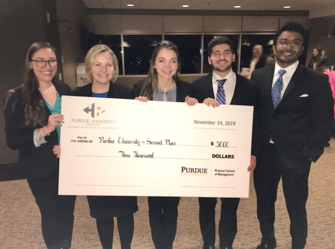 The second-place graduate team comprised of MS HRM students (left to right) Claire Jarvie, Hannah Harper, Anne Butts, Jordan Roseman, and Raj Dwarapureddi.