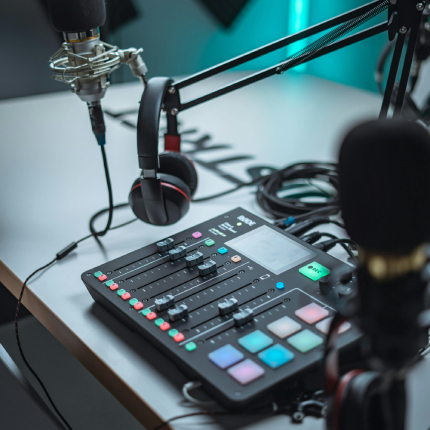 An image of a podcast set up with microphones, a headset, and a mixer